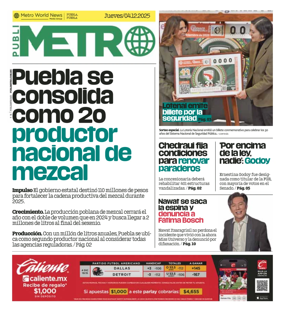 Portada de Publimetro Puebla del jueves, 4 de diciembre de 2025