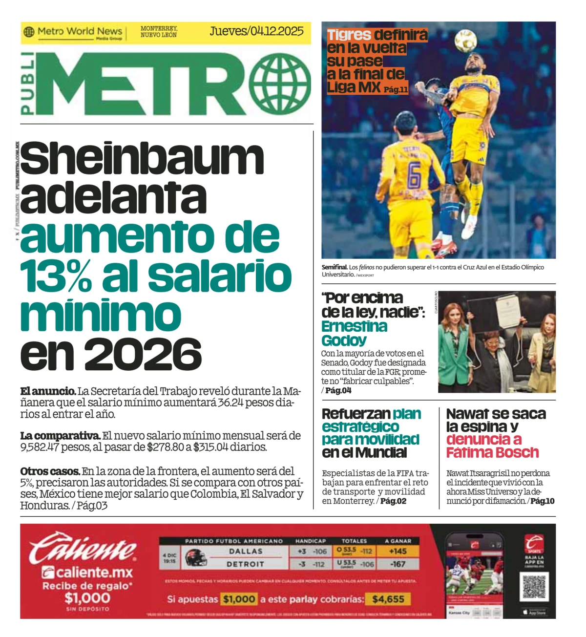 Portada de Publimetro Monterrey del jueves, 4 de diciembre de 2025
