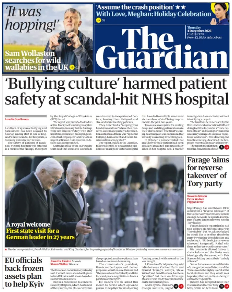 Portada de The Guardian (reino Unido) del jueves, 4 de diciembre de 2025