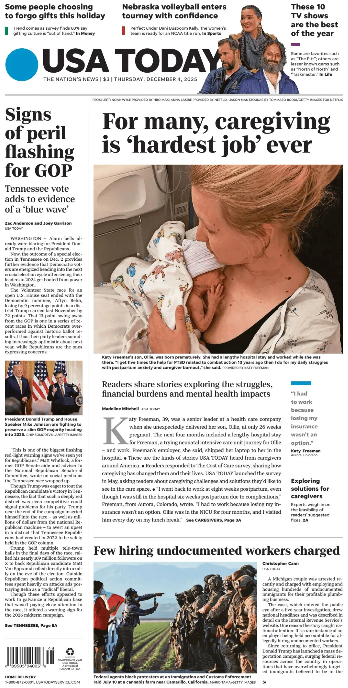 Portada de Usa Today del jueves, 4 de diciembre de 2025