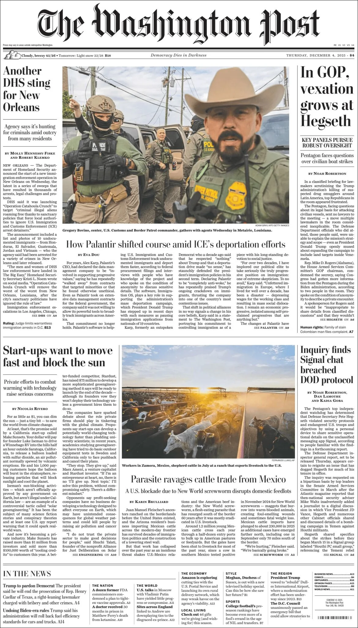 Portada de The Washington Post del jueves, 4 de diciembre de 2025