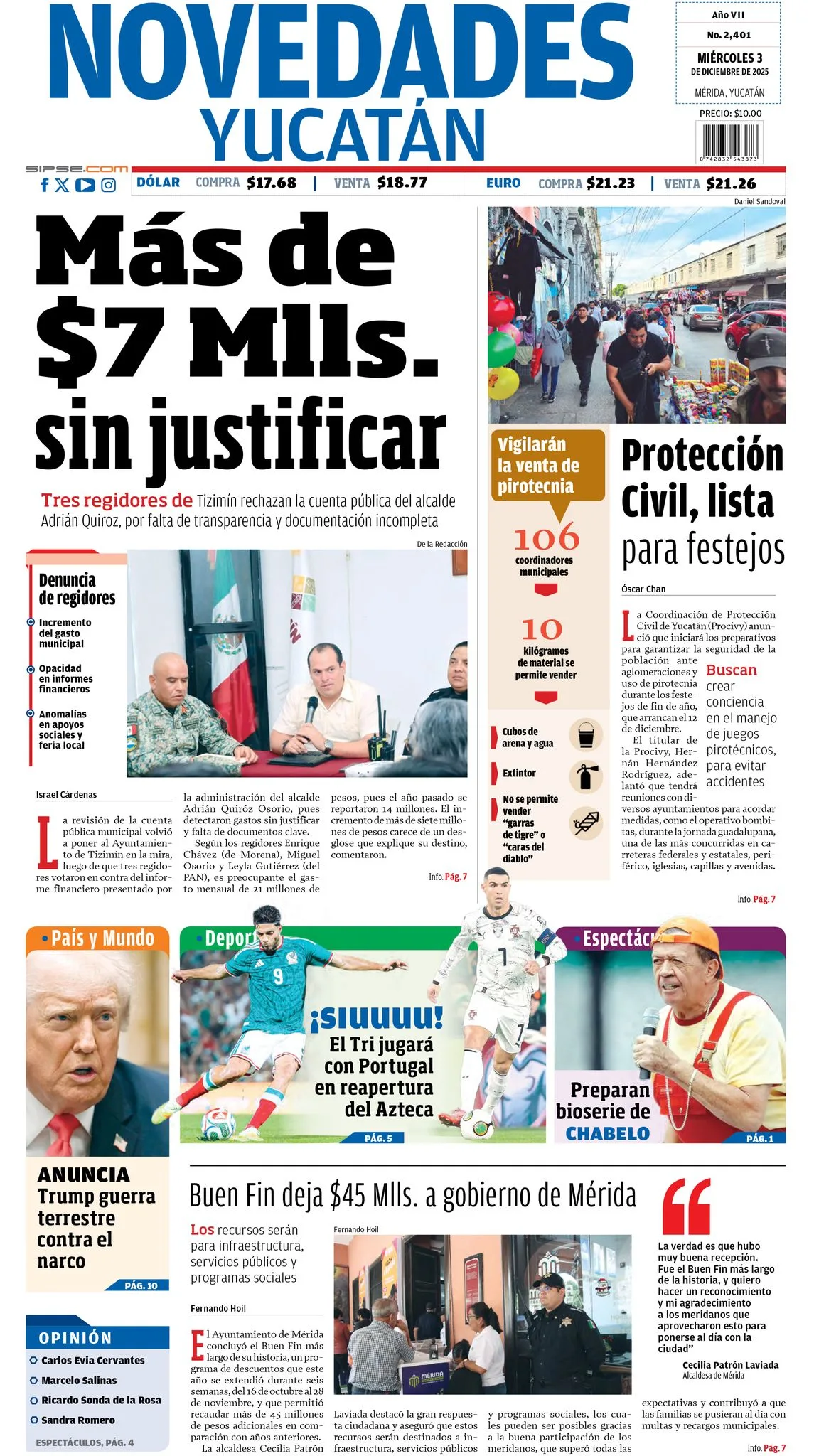 Portada de Novedades Yucatan del miércoles, 3 de diciembre de 2025