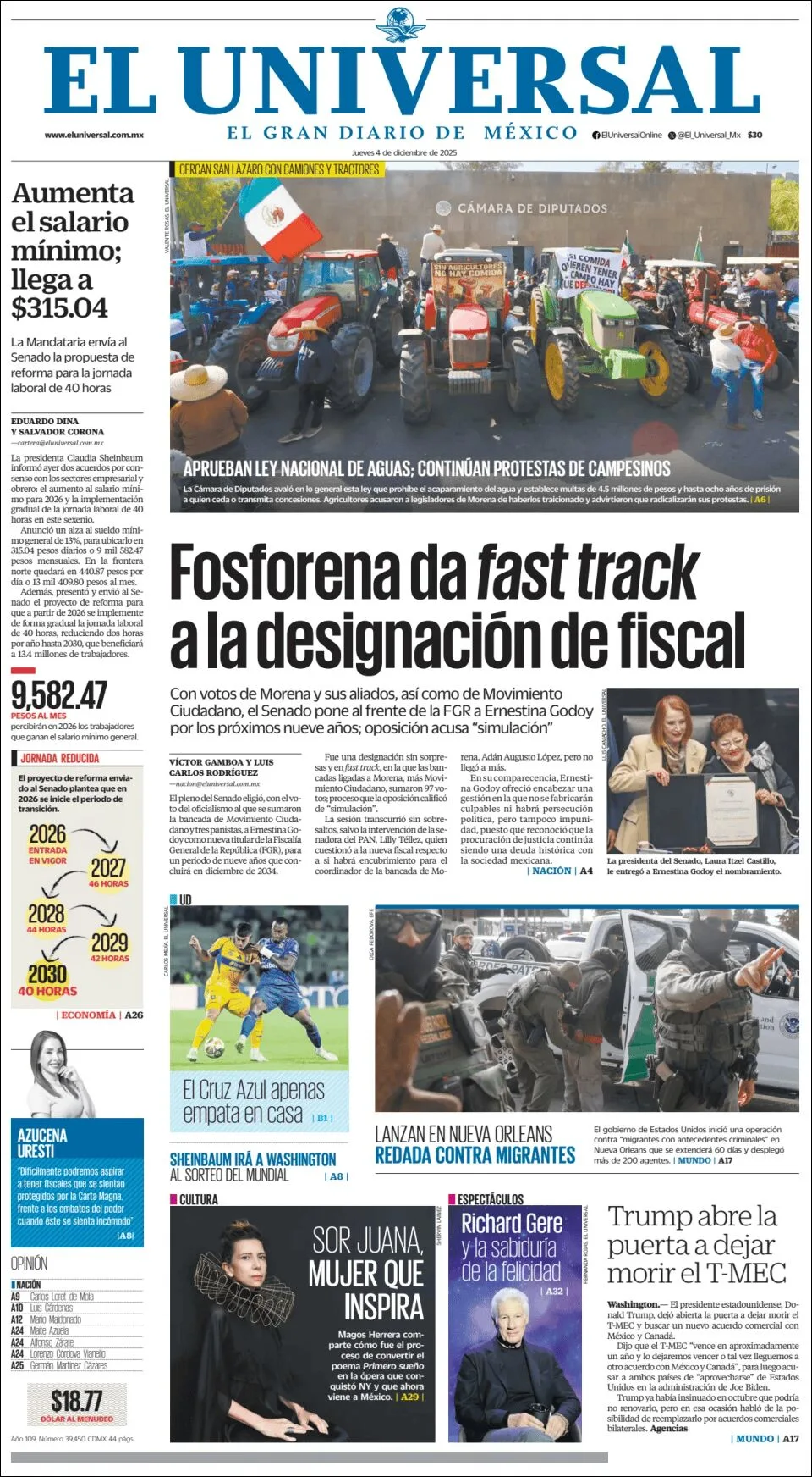 Portada de El Universal del jueves, 4 de diciembre de 2025