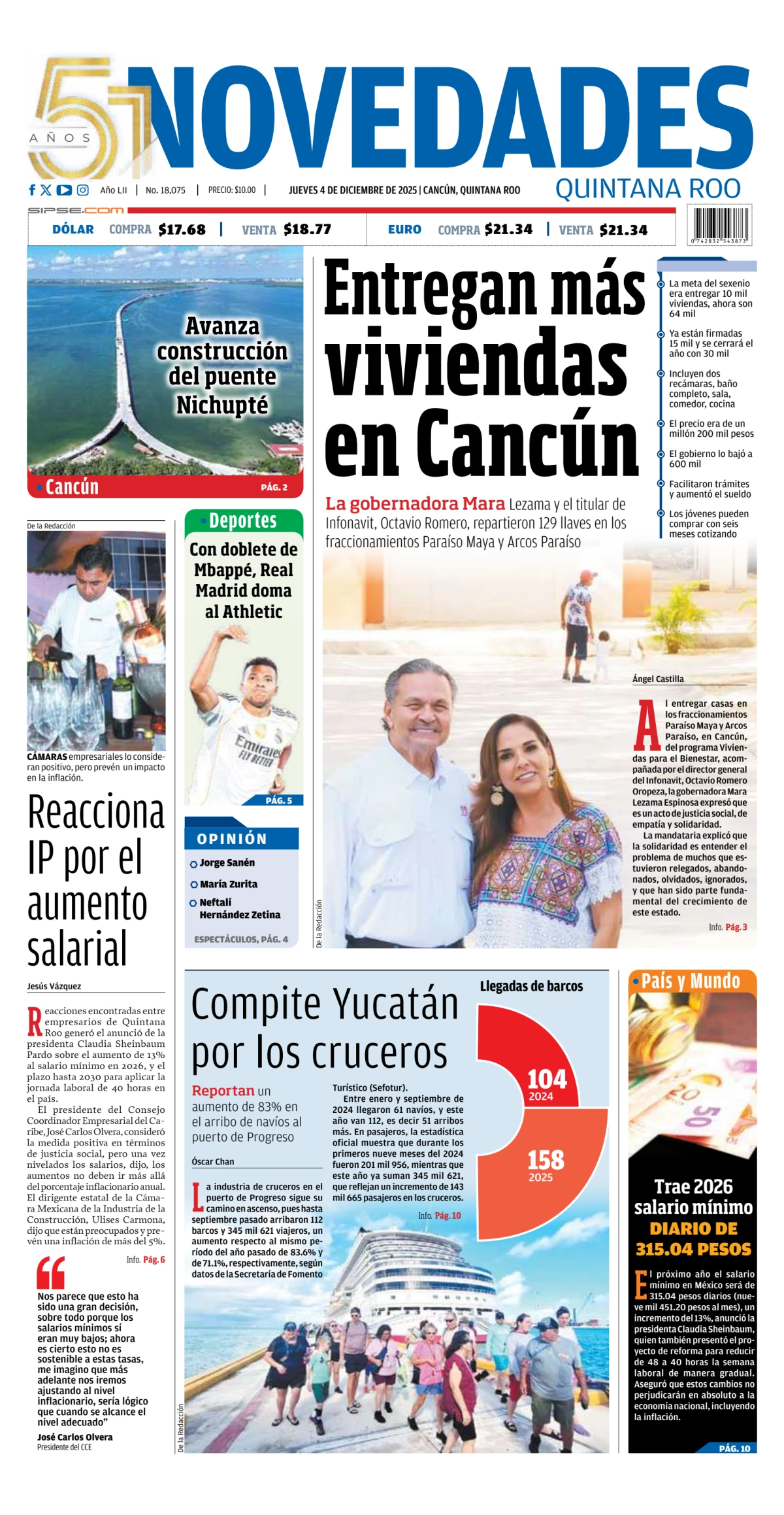 Portada de Novedades Quintana Roo del jueves, 4 de diciembre de 2025