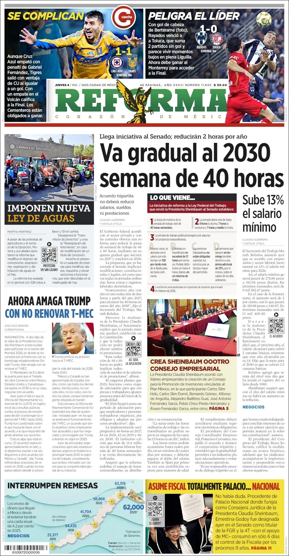 Portada de Reforma del jueves, 4 de diciembre de 2025