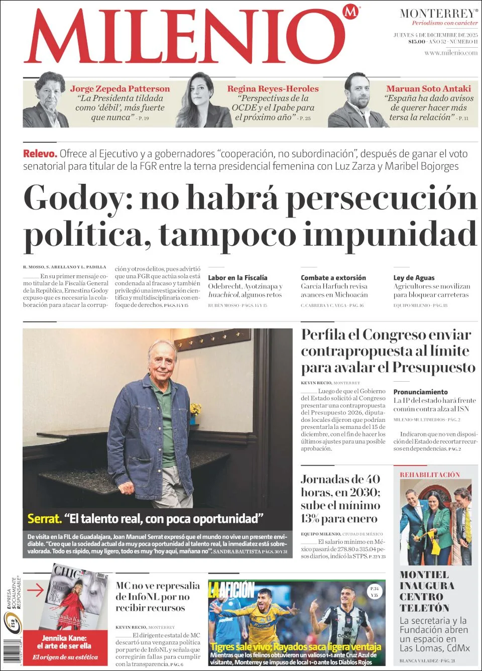 Portada de Milenio del jueves, 4 de diciembre de 2025