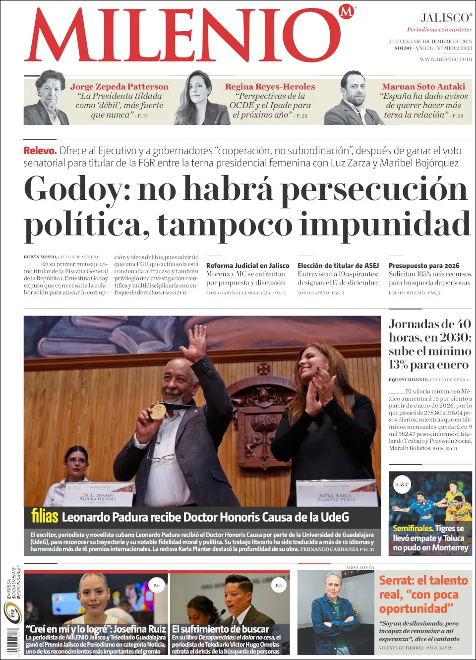 Portada de Milenio Jalisco del jueves, 4 de diciembre de 2025