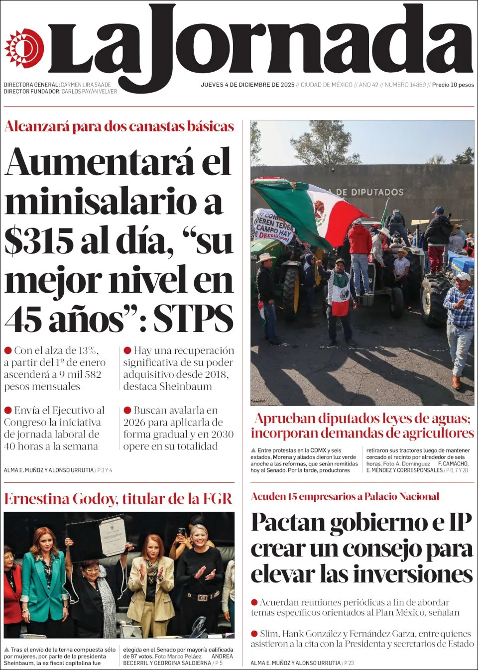 Portada de La Jornada del jueves, 4 de diciembre de 2025