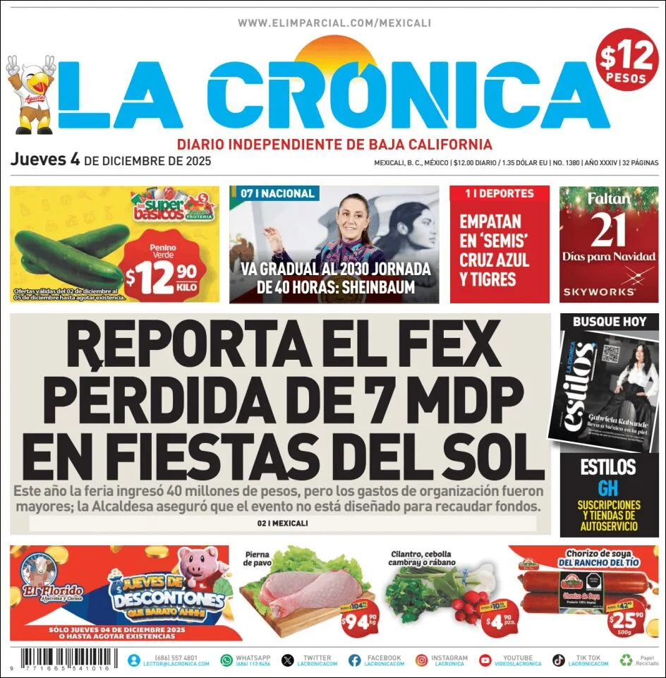 Portada de La Cronica del jueves, 4 de diciembre de 2025