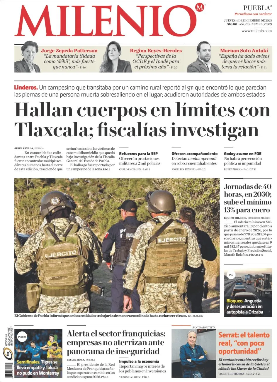Portada de Milenio Puebla del jueves, 4 de diciembre de 2025