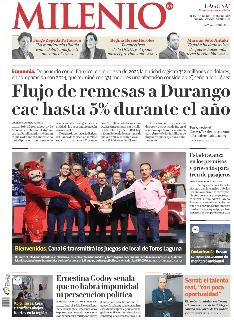 Portada de Milenio Laguna del jueves, 4 de diciembre de 2025