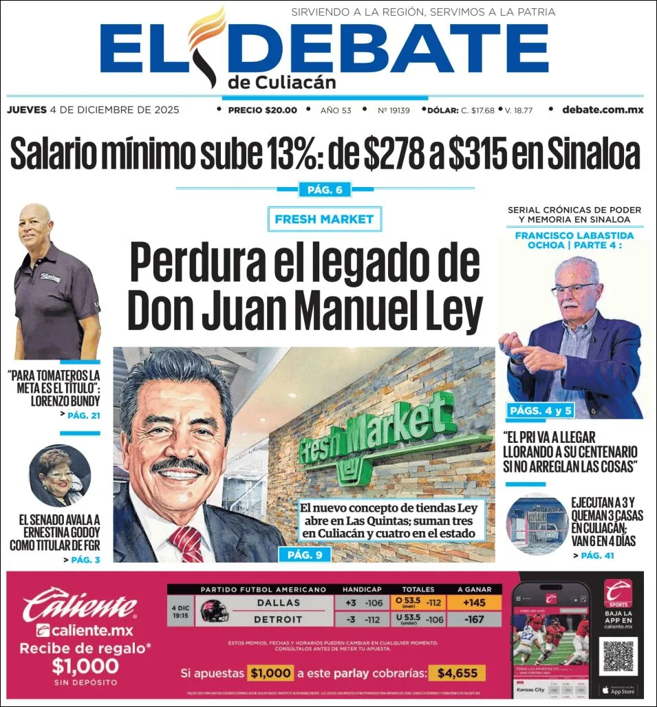 Portada de El Debate de Culiacan del jueves, 4 de diciembre de 2025