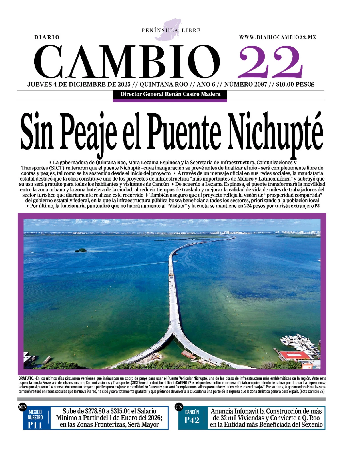 Portada de Diario Cambio 22 (portada) del jueves, 4 de diciembre de 2025