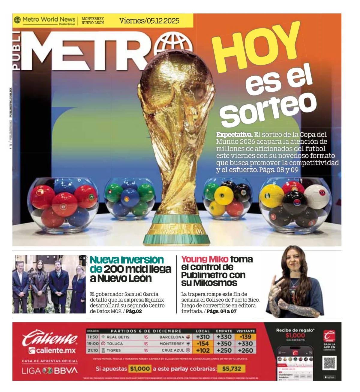 Portada de Publimetro Monterrey del viernes, 5 de diciembre de 2025
