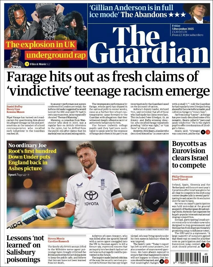Portada de The Guardian (reino Unido) del viernes, 5 de diciembre de 2025