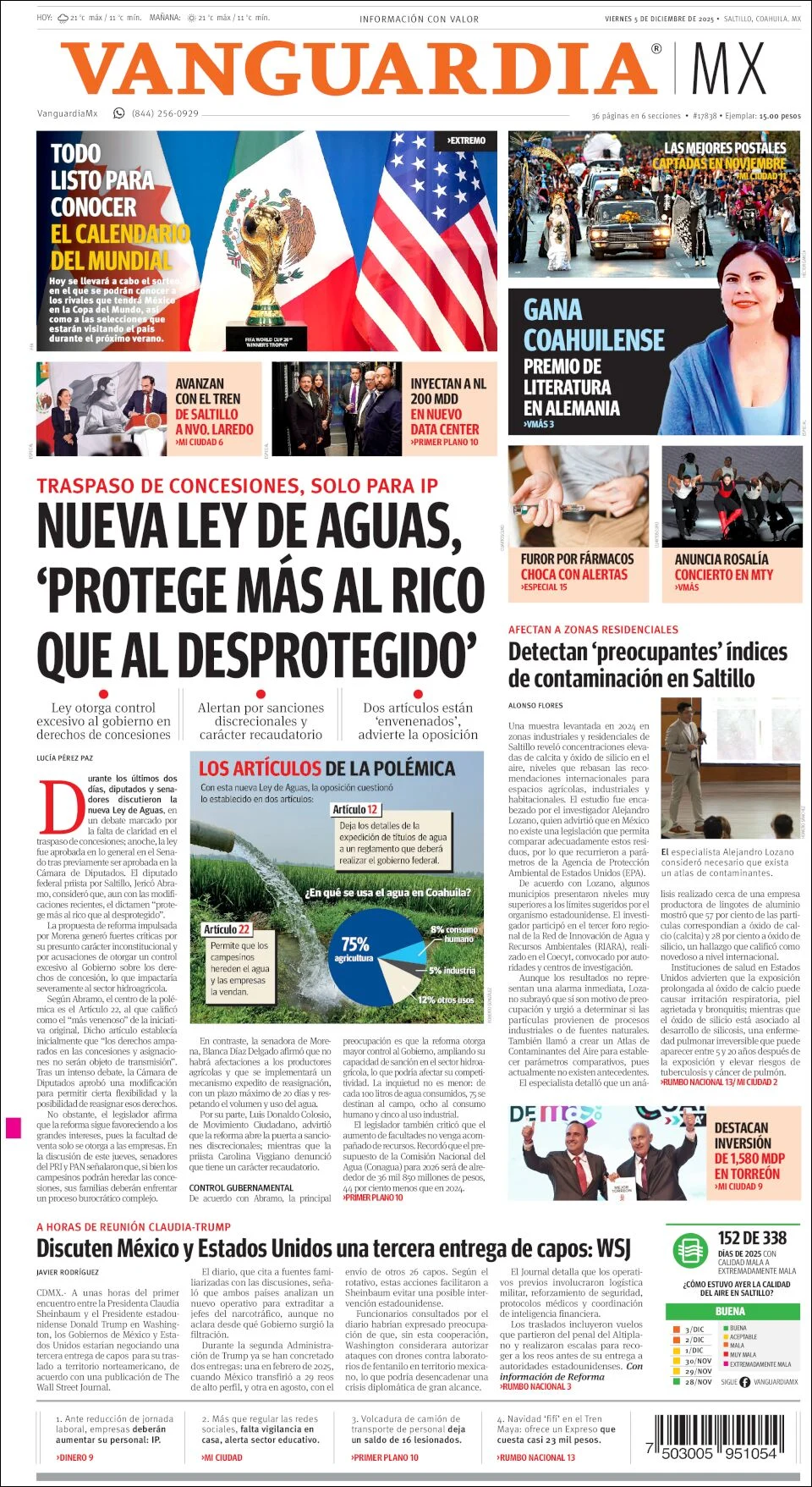 Portada de Vanguardia del viernes, 5 de diciembre de 2025