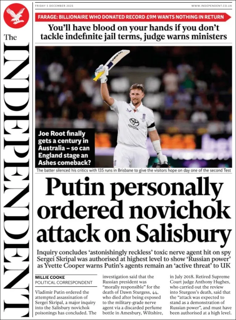 Portada de The Independent del viernes, 5 de diciembre de 2025