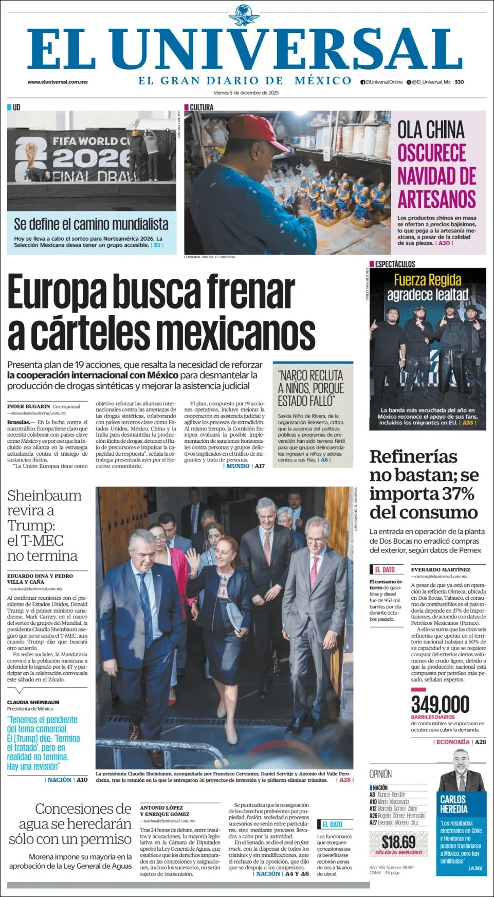 Portada de El Universal del viernes, 5 de diciembre de 2025