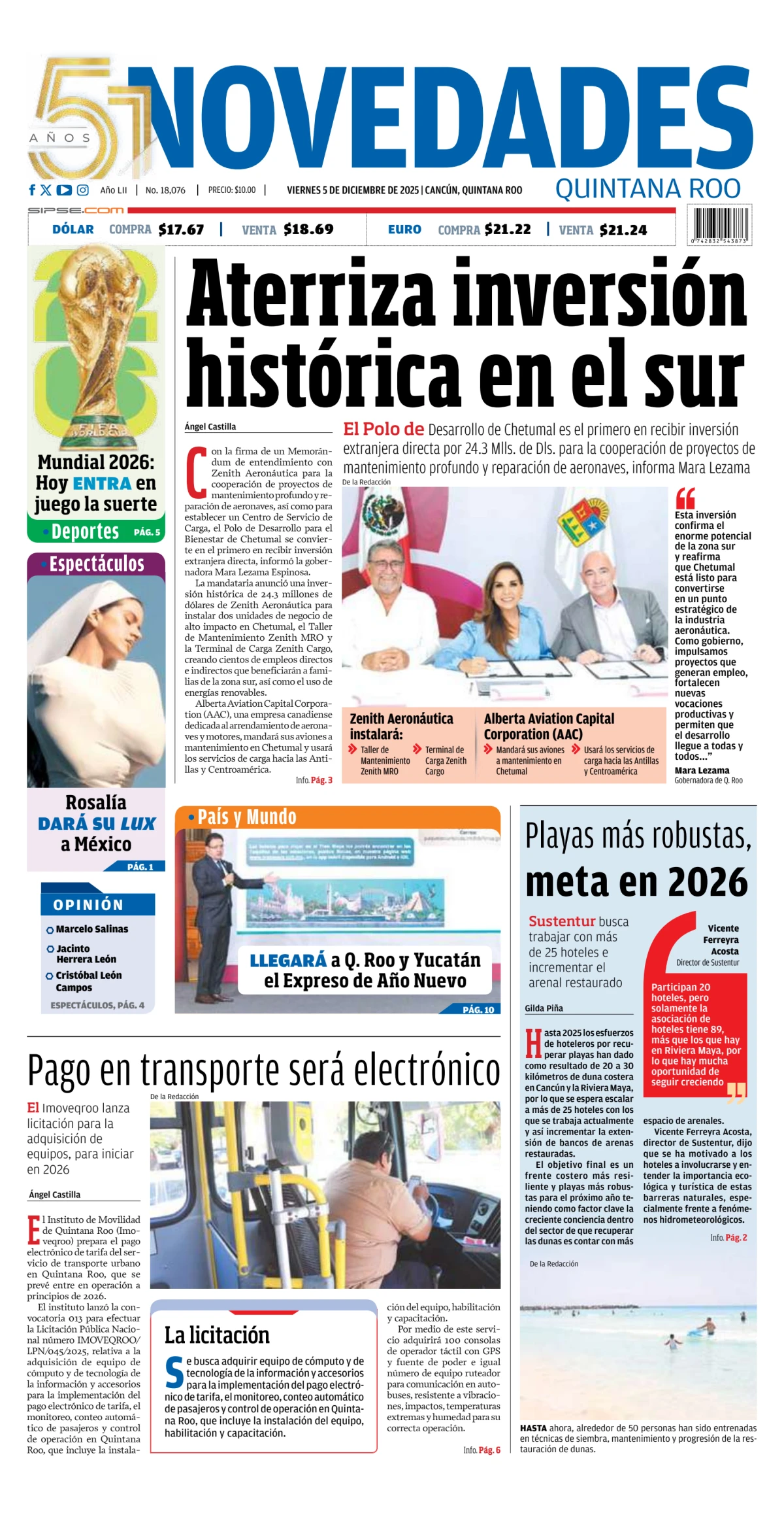 Portada de Novedades Quintana Roo del viernes, 5 de diciembre de 2025