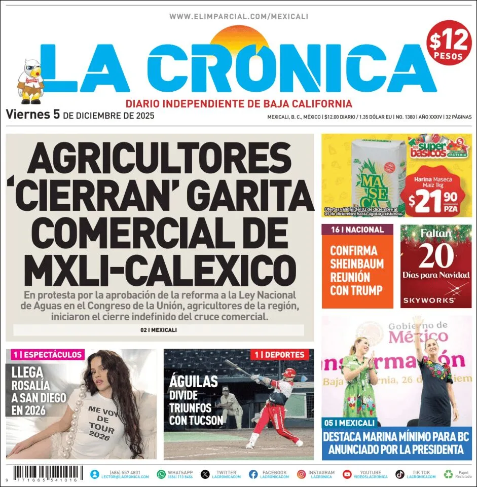Portada de La Cronica del viernes, 5 de diciembre de 2025