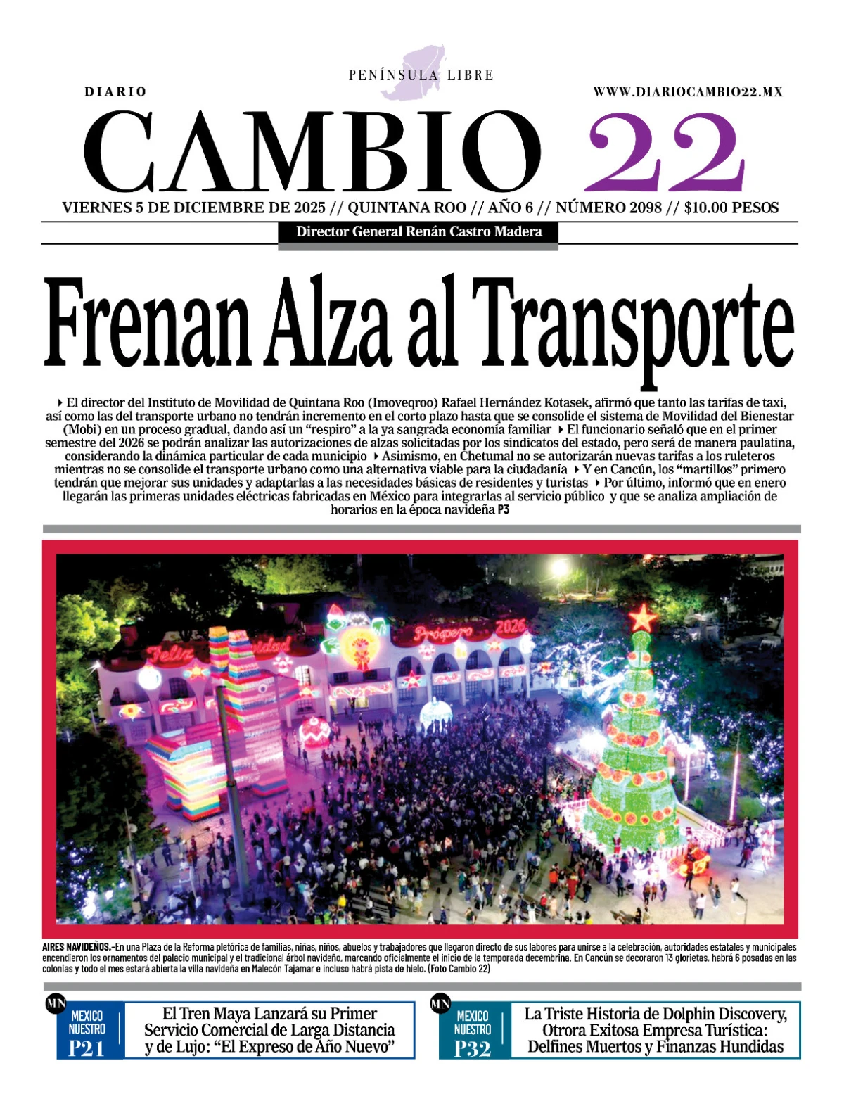 Portada de Diario Cambio 22 (contraportada) del viernes, 5 de diciembre de 2025