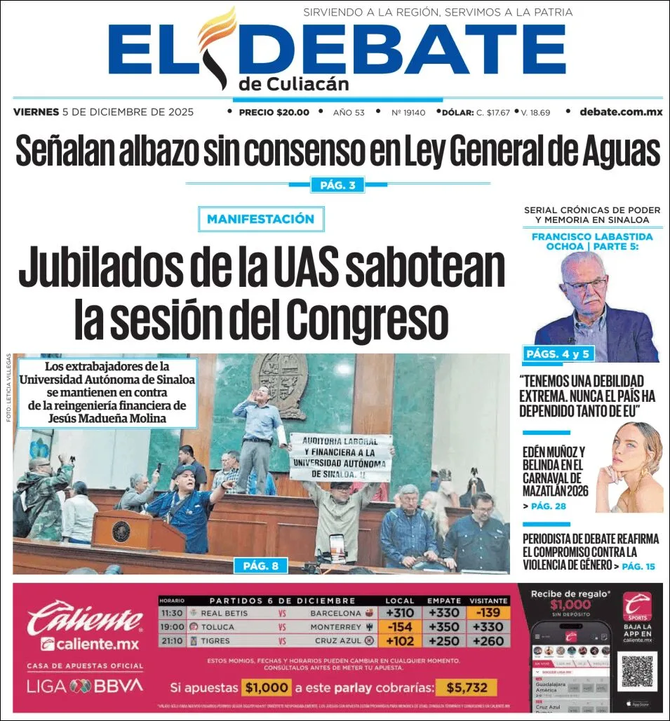 Portada de El Debate de Culiacan del viernes, 5 de diciembre de 2025