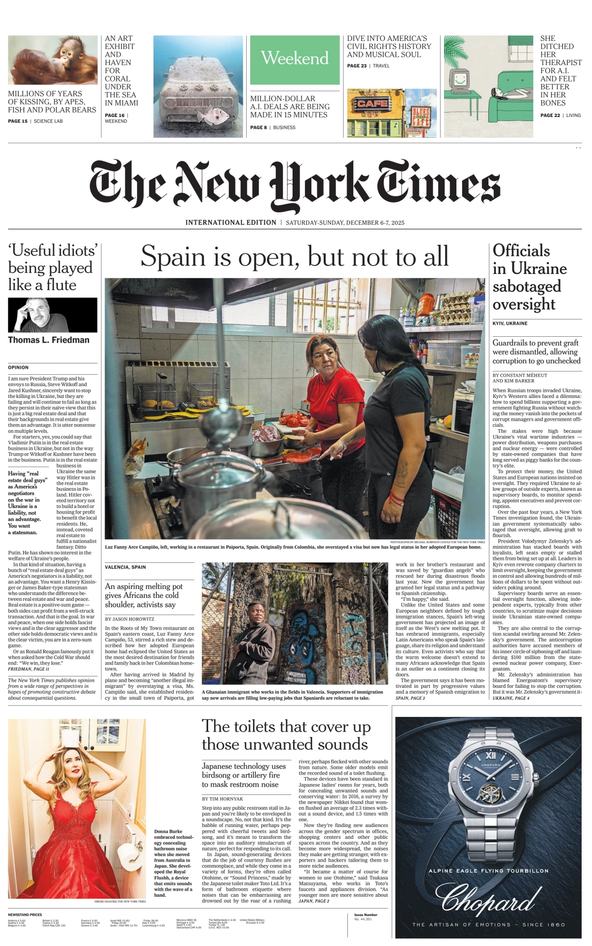 Portada de The New York Times (international) del sábado, 6 de diciembre de 2025
