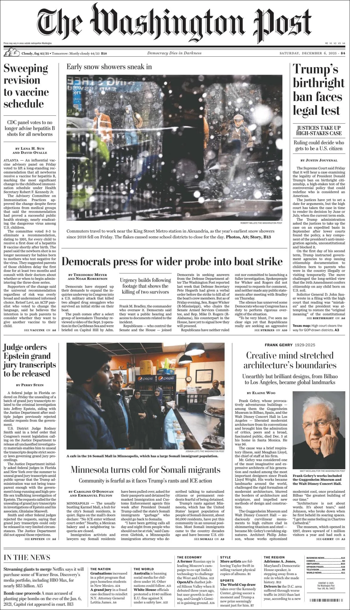 Portada de The Washington Post del sábado, 6 de diciembre de 2025