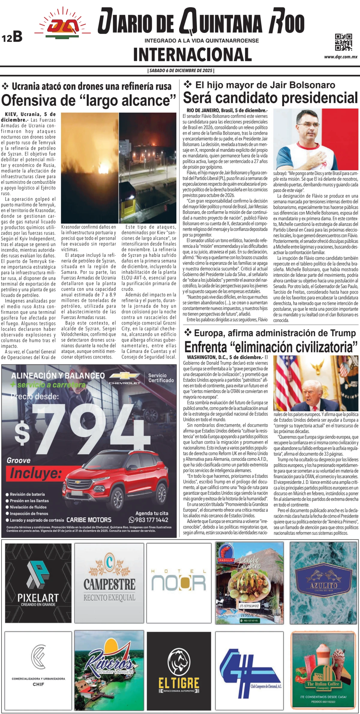 Portada de Diario de Quintana Roo (contra Portada) del sábado, 6 de diciembre de 2025