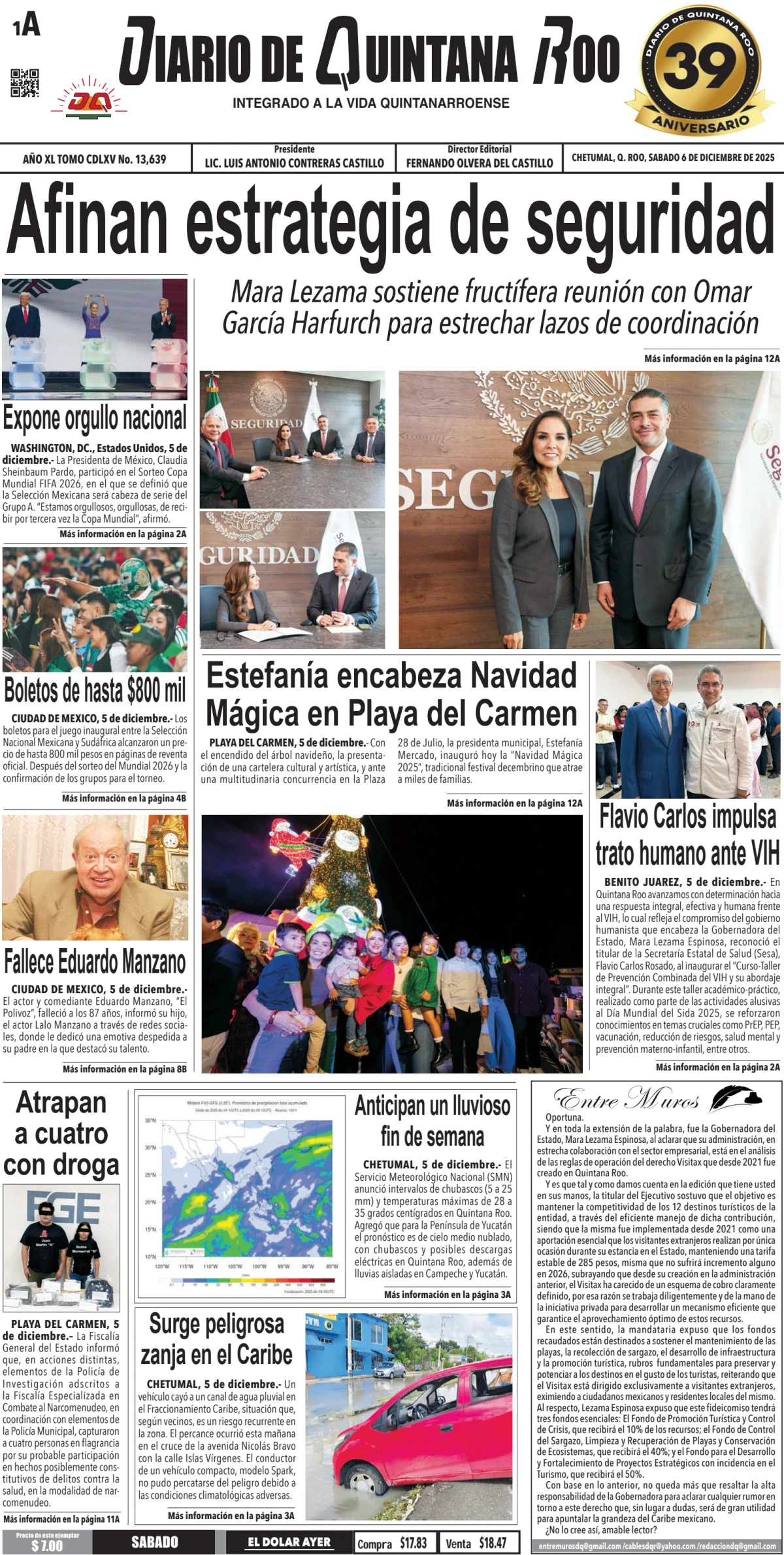 Portada de Diario de Quintana Roo (portada) del sábado, 6 de diciembre de 2025
