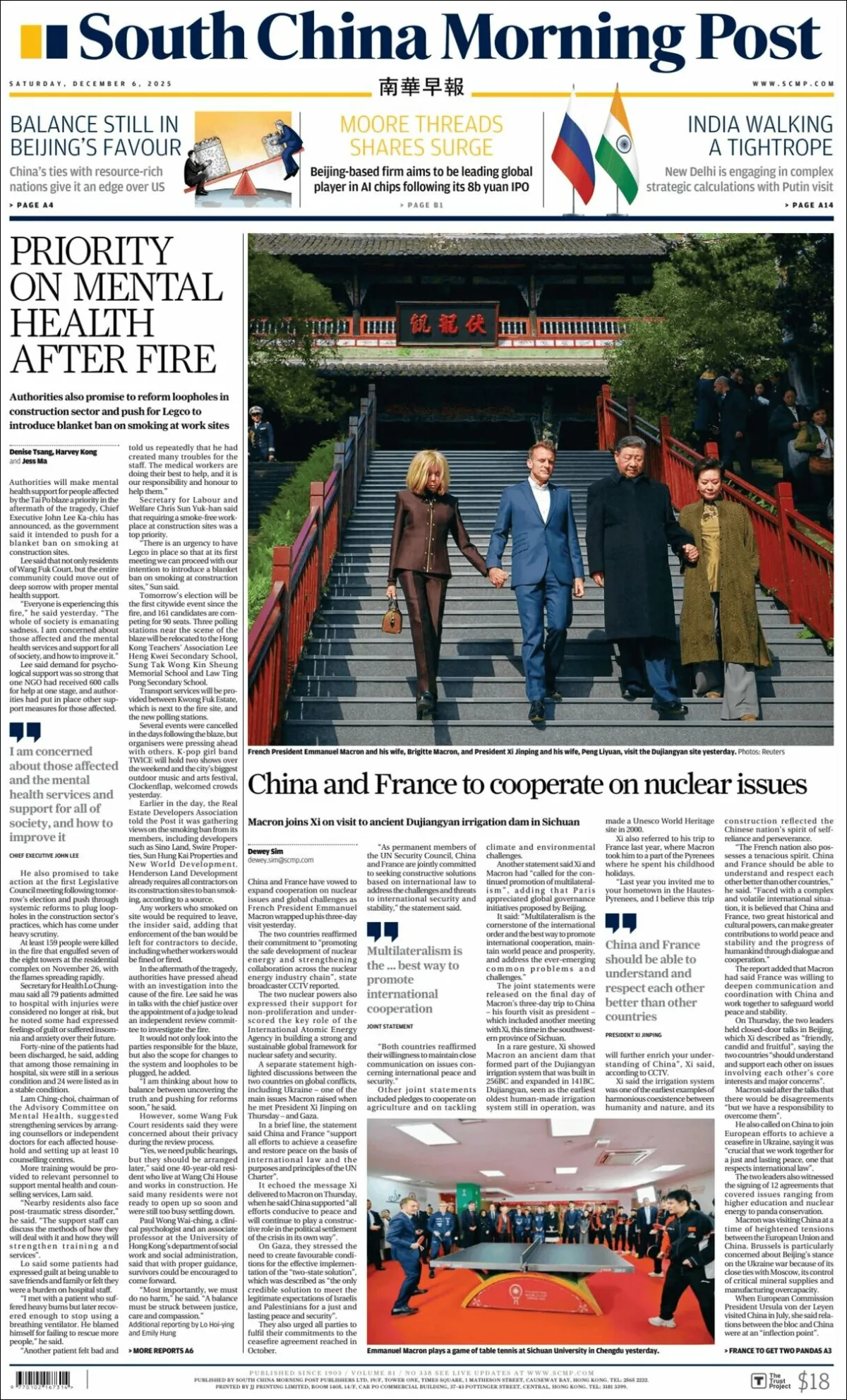 Portada de South China Morning Post del sábado, 6 de diciembre de 2025
