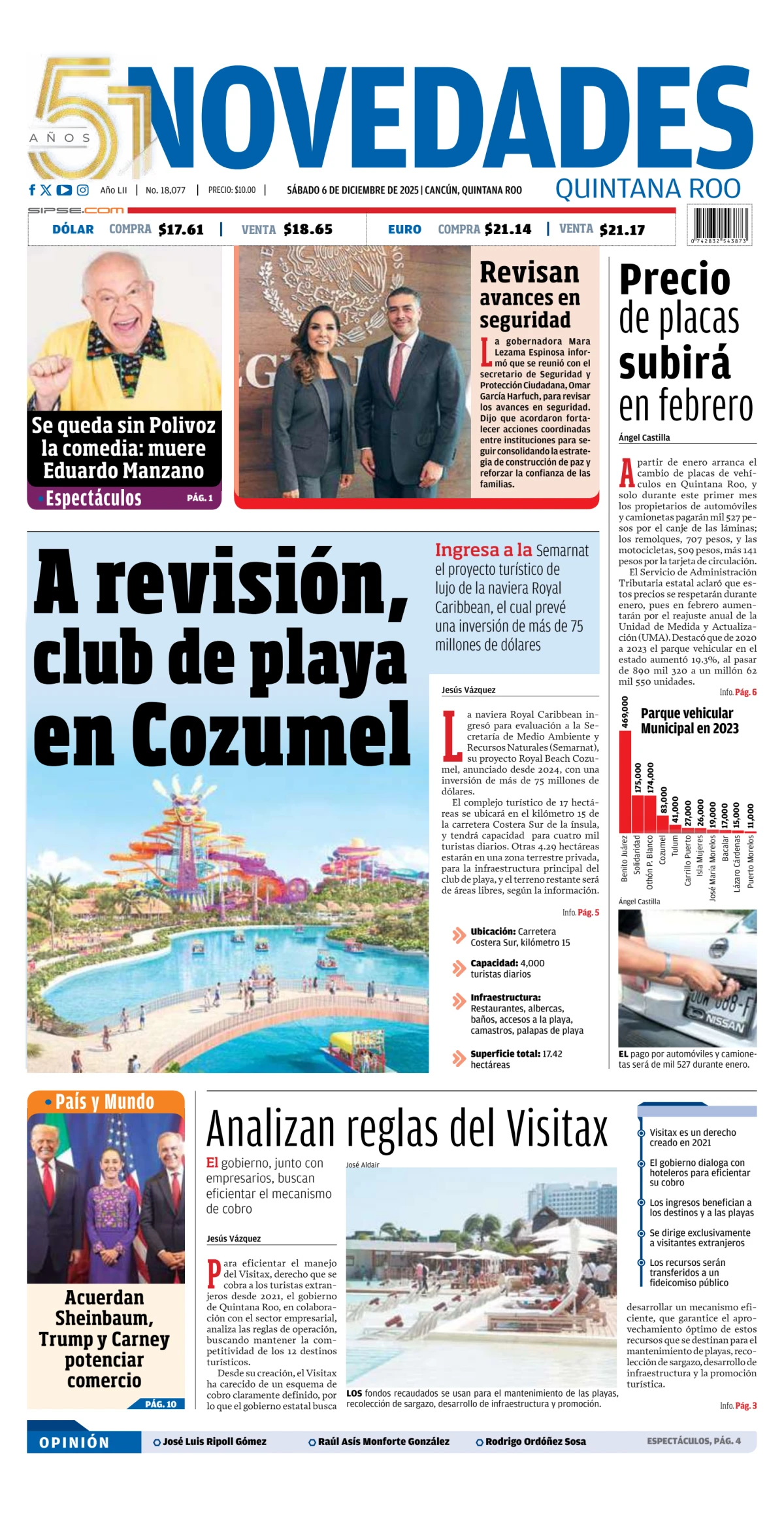 Portada de Novedades Quintana Roo del sábado, 6 de diciembre de 2025