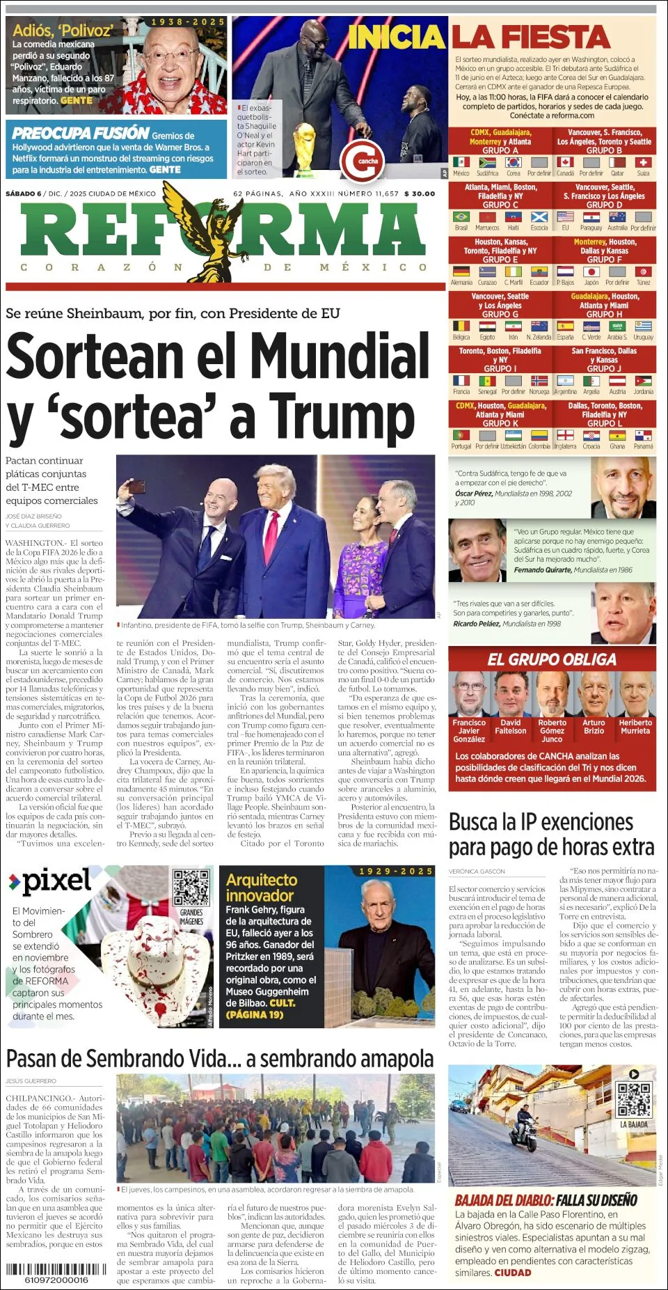 Portada de Reforma del sábado, 6 de diciembre de 2025
