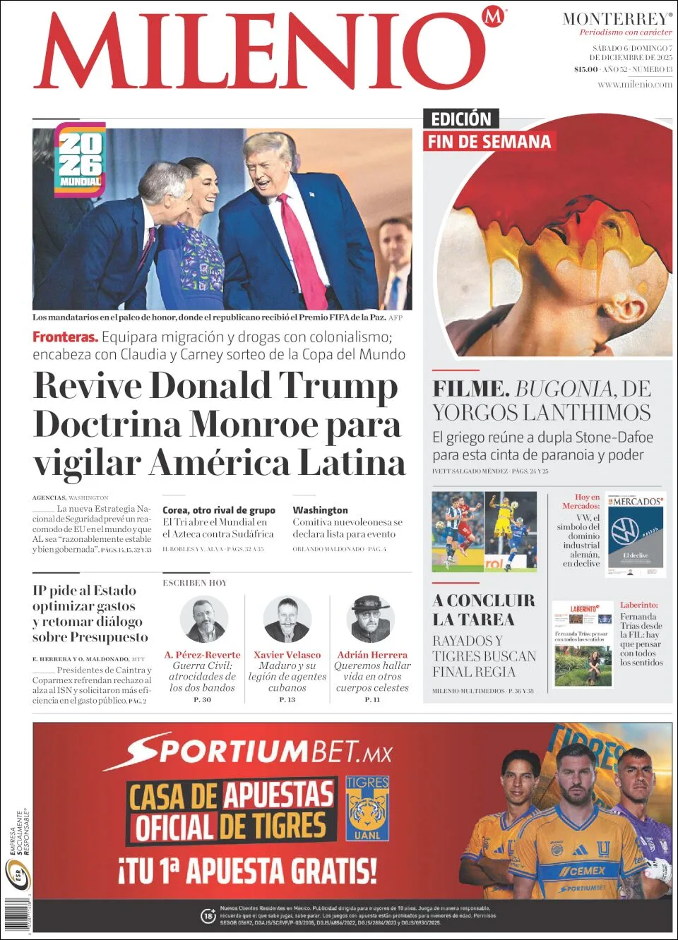 Portada de Milenio del sábado, 6 de diciembre de 2025