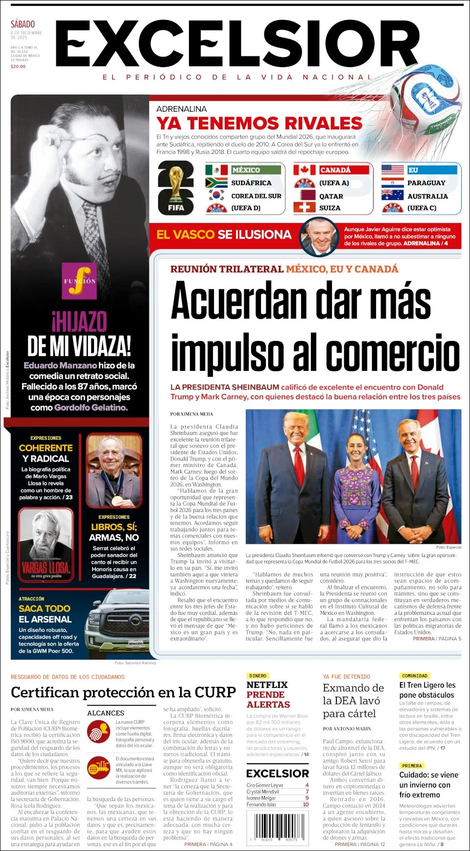 Portada de Excelsior del sábado, 6 de diciembre de 2025