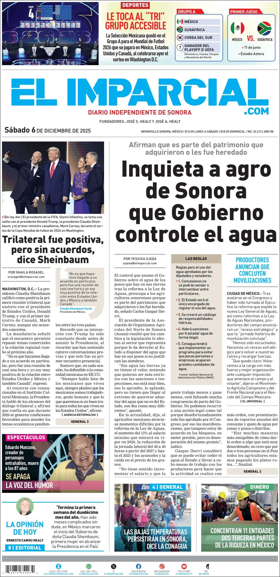 Portada de El Imparcial del sábado, 6 de diciembre de 2025