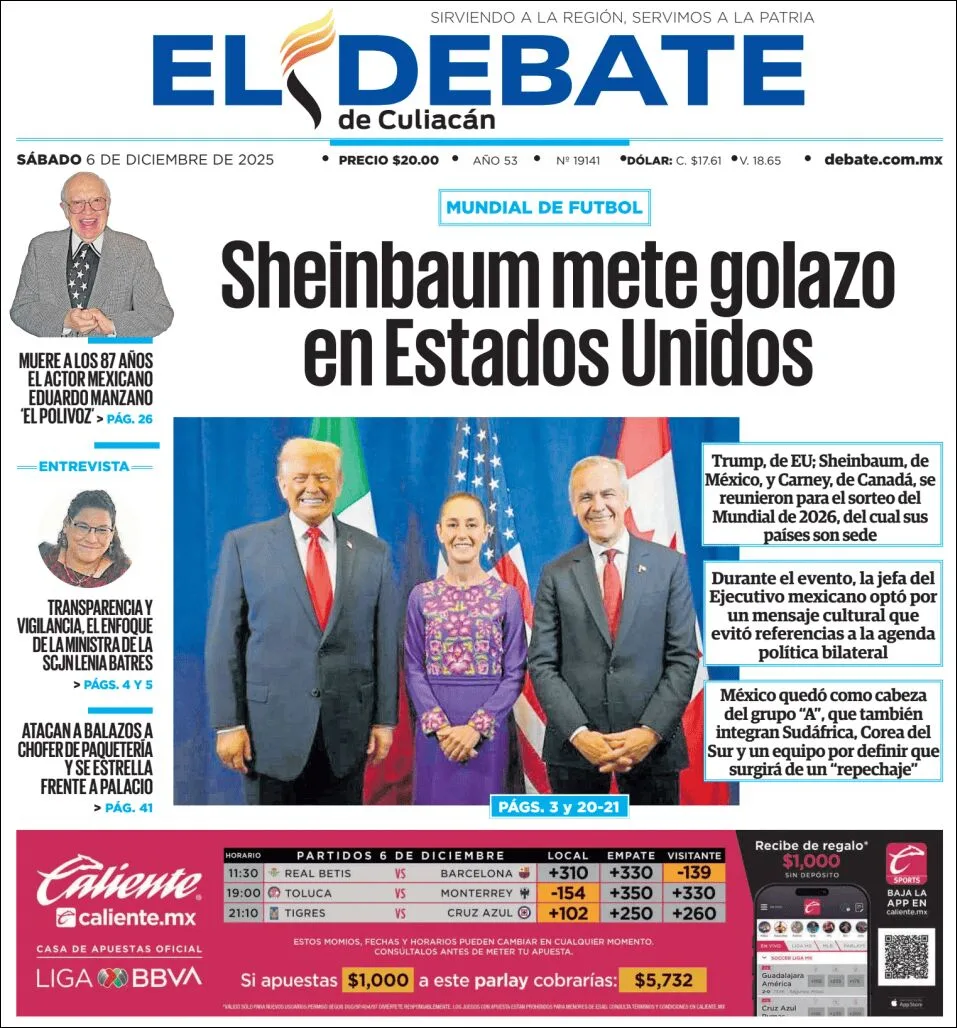 Portada de El Debate de Culiacan del sábado, 6 de diciembre de 2025