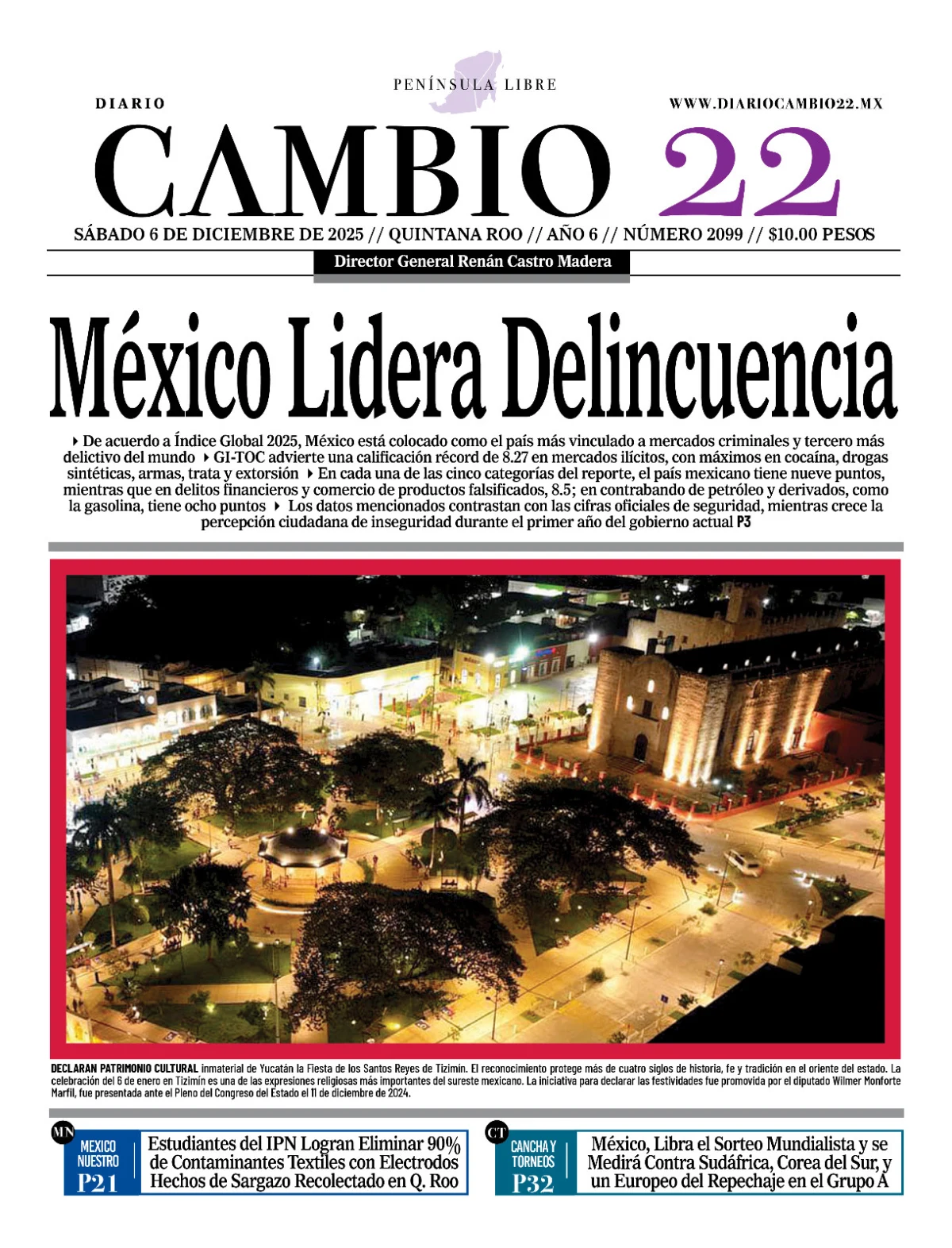 Portada de Diario Cambio 22 (contraportada) del sábado, 6 de diciembre de 2025