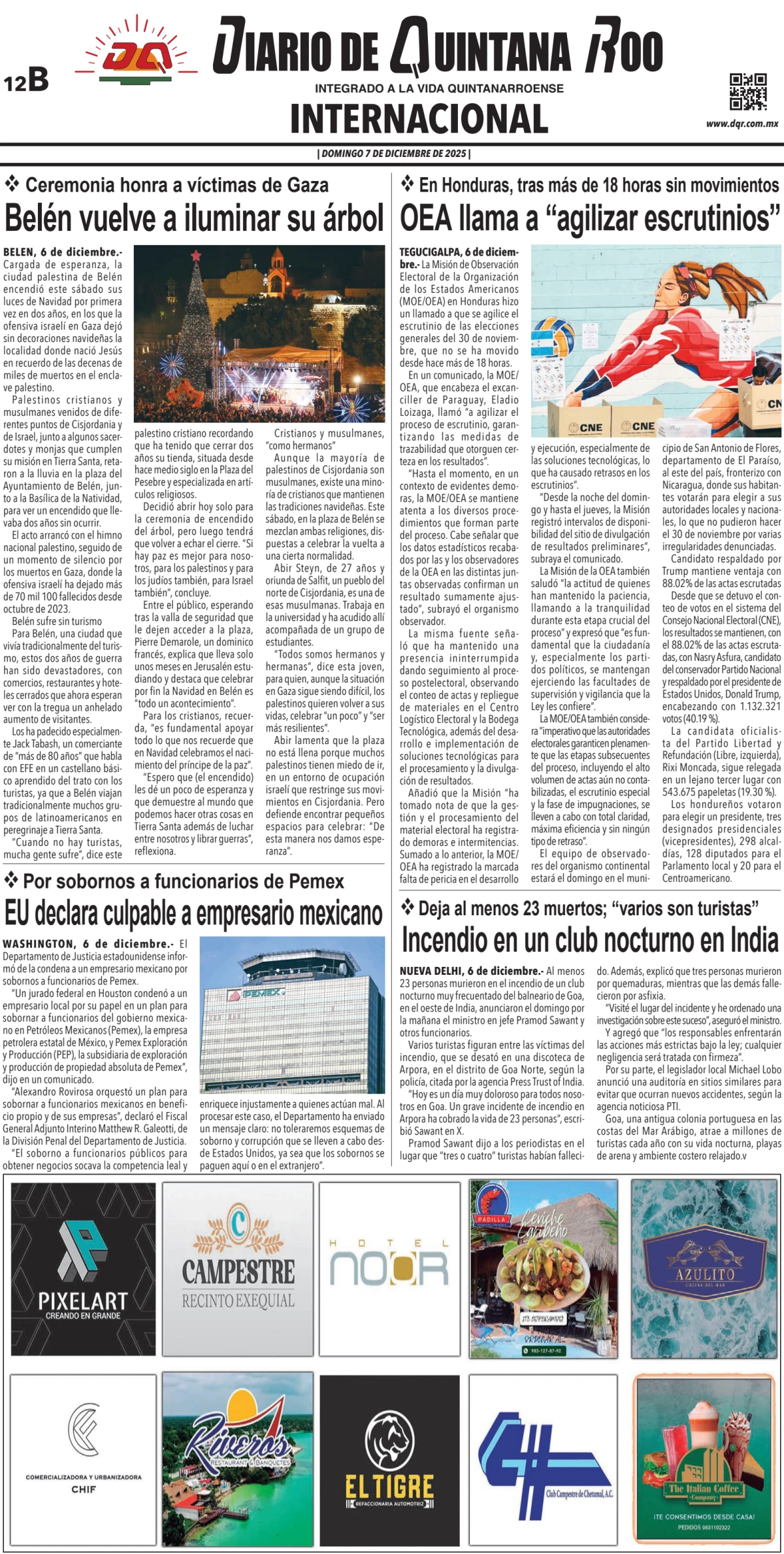 Portada de Diario de Quintana Roo (contra Portada) del domingo, 7 de diciembre de 2025