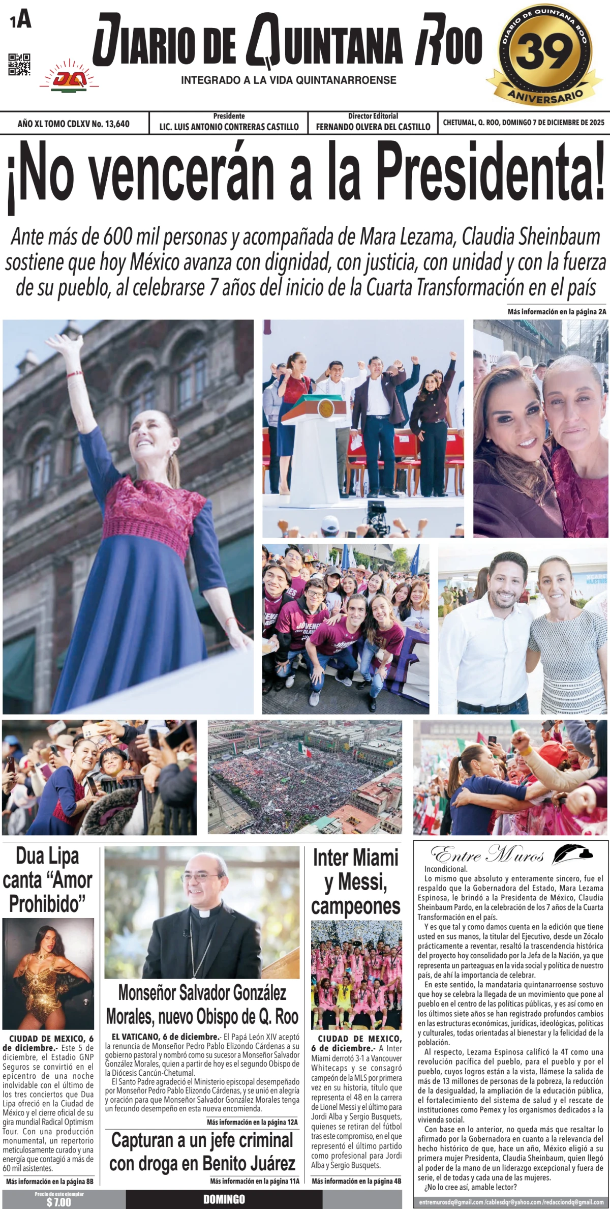Portada de Diario de Quintana Roo (portada) del domingo, 7 de diciembre de 2025