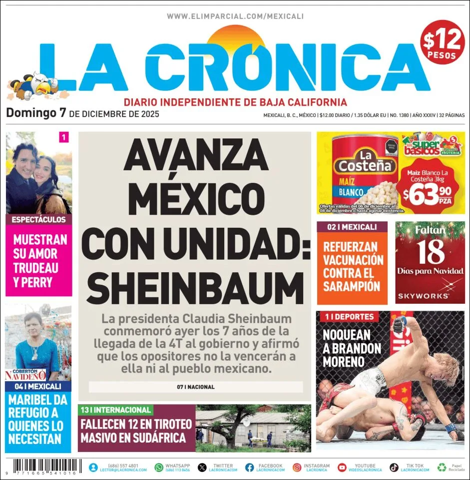 Portada de La Cronica del domingo, 7 de diciembre de 2025
