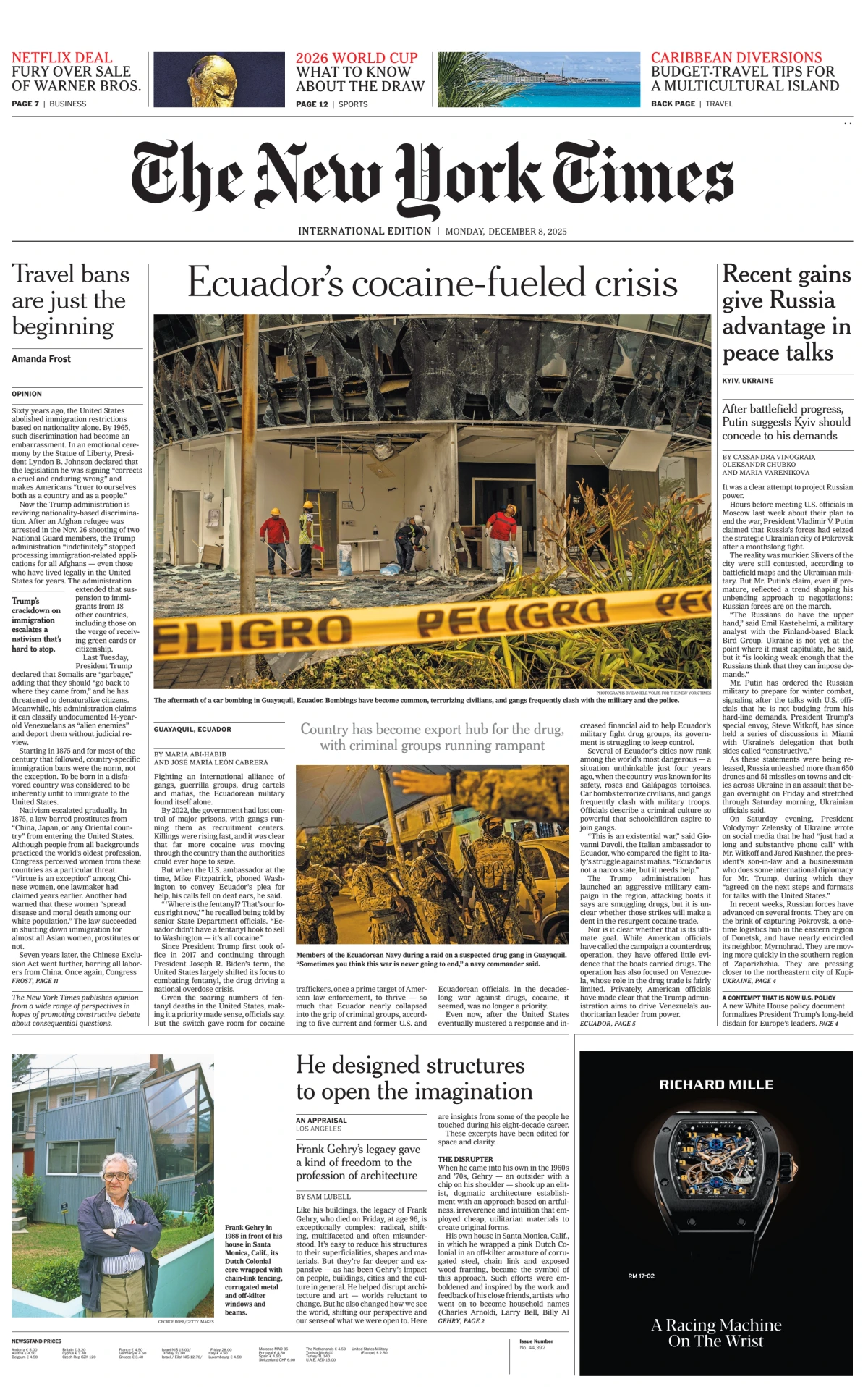Portada de The New York Times (international) del lunes, 8 de diciembre de 2025
