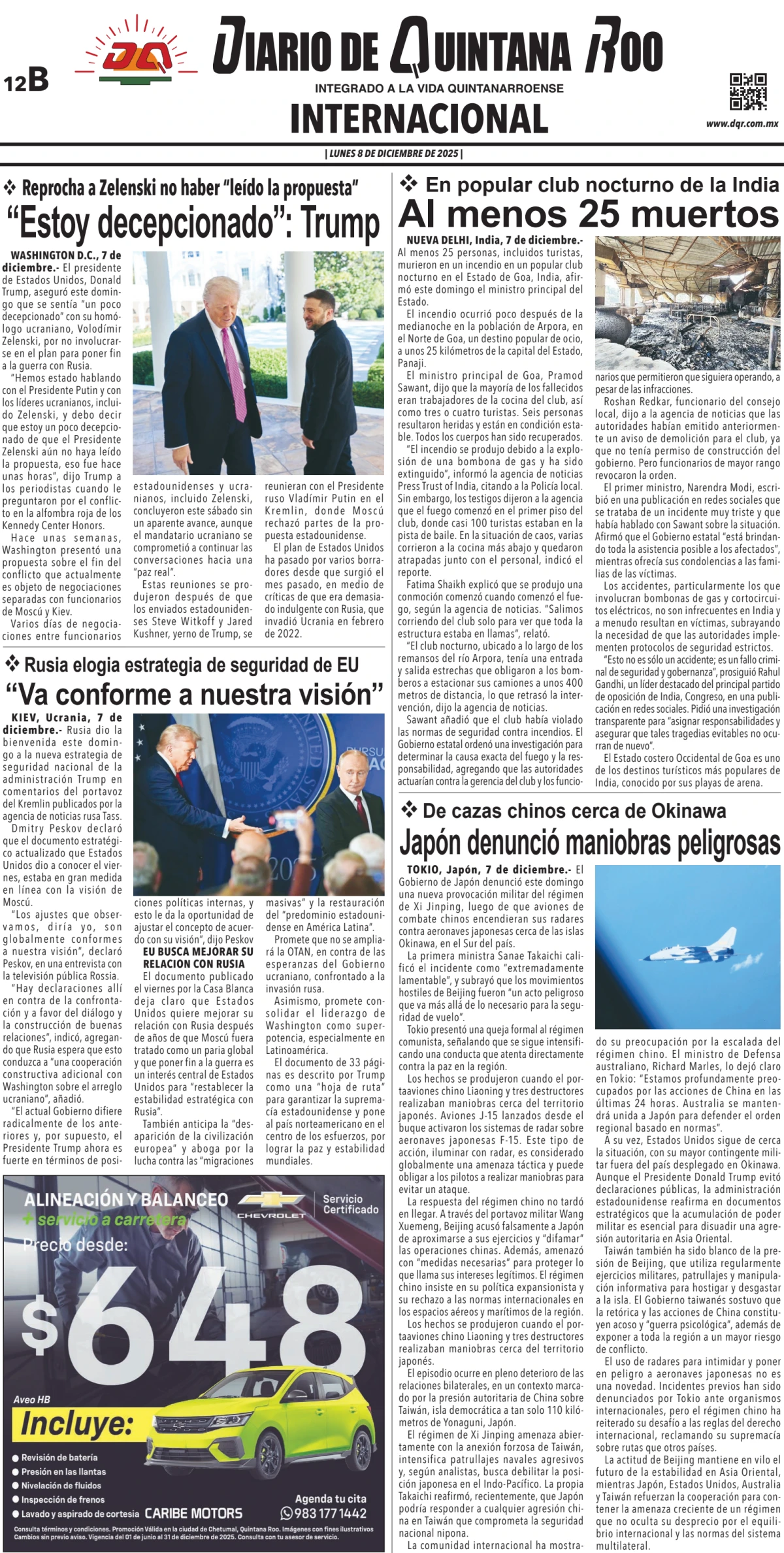 Portada de Diario de Quintana Roo (contra Portada) del lunes, 8 de diciembre de 2025