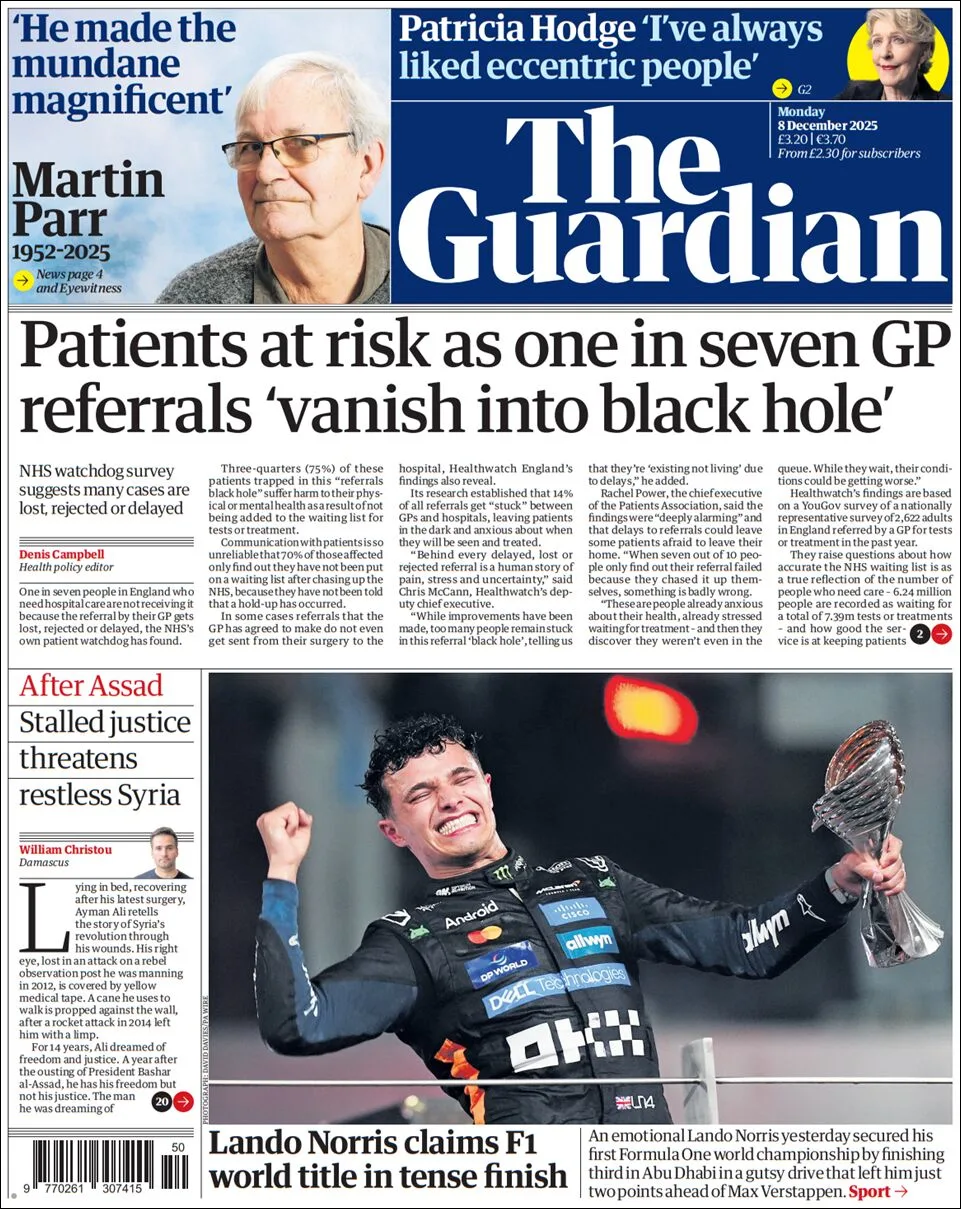 Portada de The Guardian (reino Unido) del lunes, 8 de diciembre de 2025