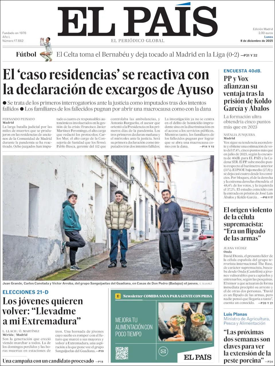 Portada de El Pais del lunes, 8 de diciembre de 2025