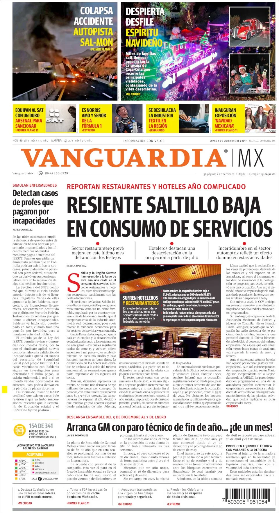 Portada de Vanguardia del lunes, 8 de diciembre de 2025