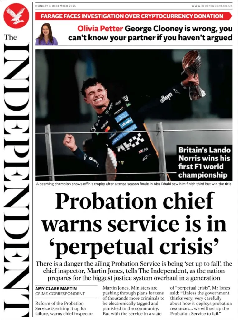 Portada de The Independent del lunes, 8 de diciembre de 2025