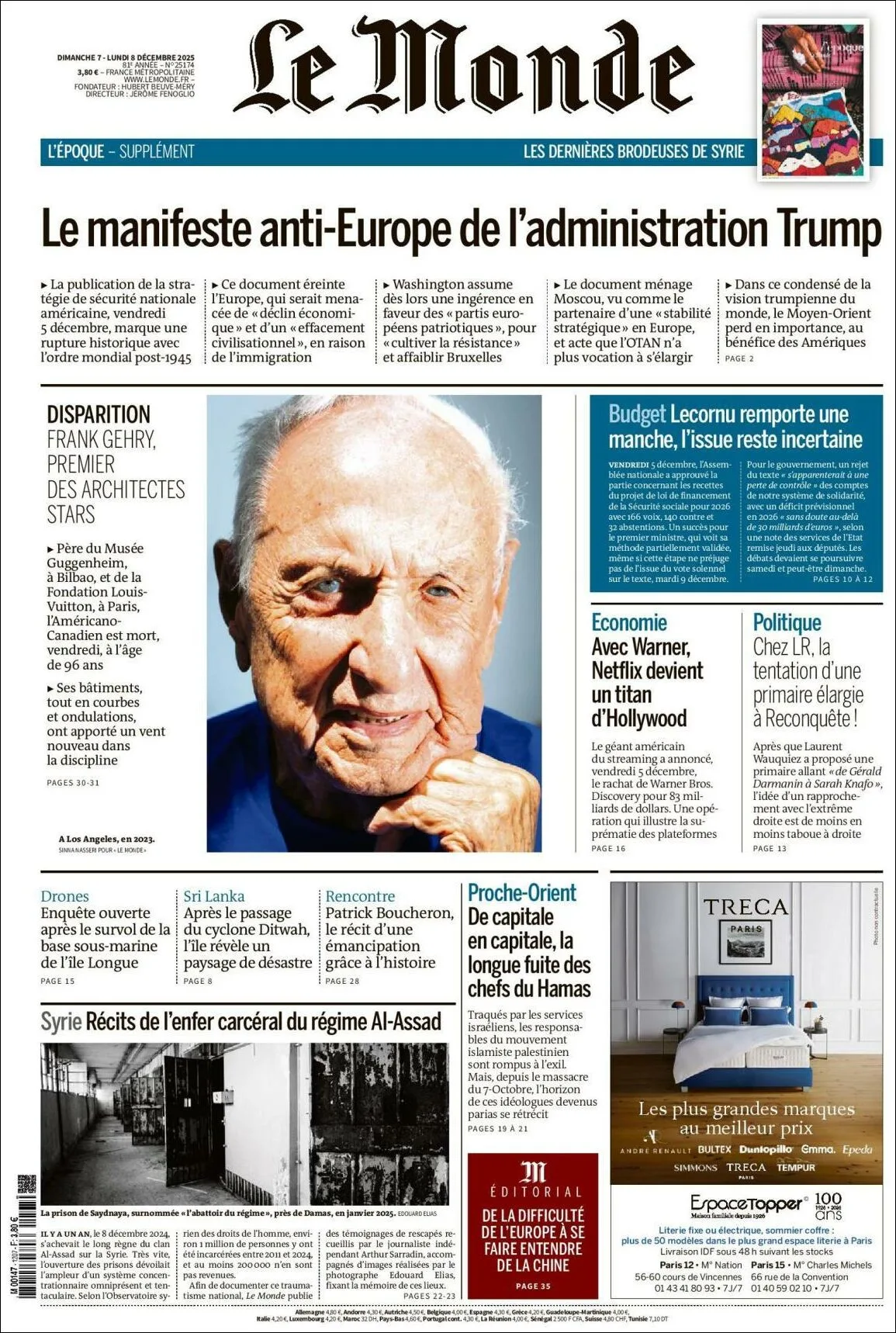 Portada de Le Monde del lunes, 8 de diciembre de 2025