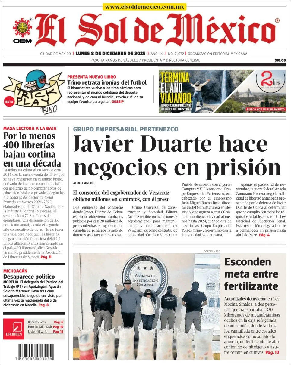 Portada de El Sol de Mexico del lunes, 8 de diciembre de 2025