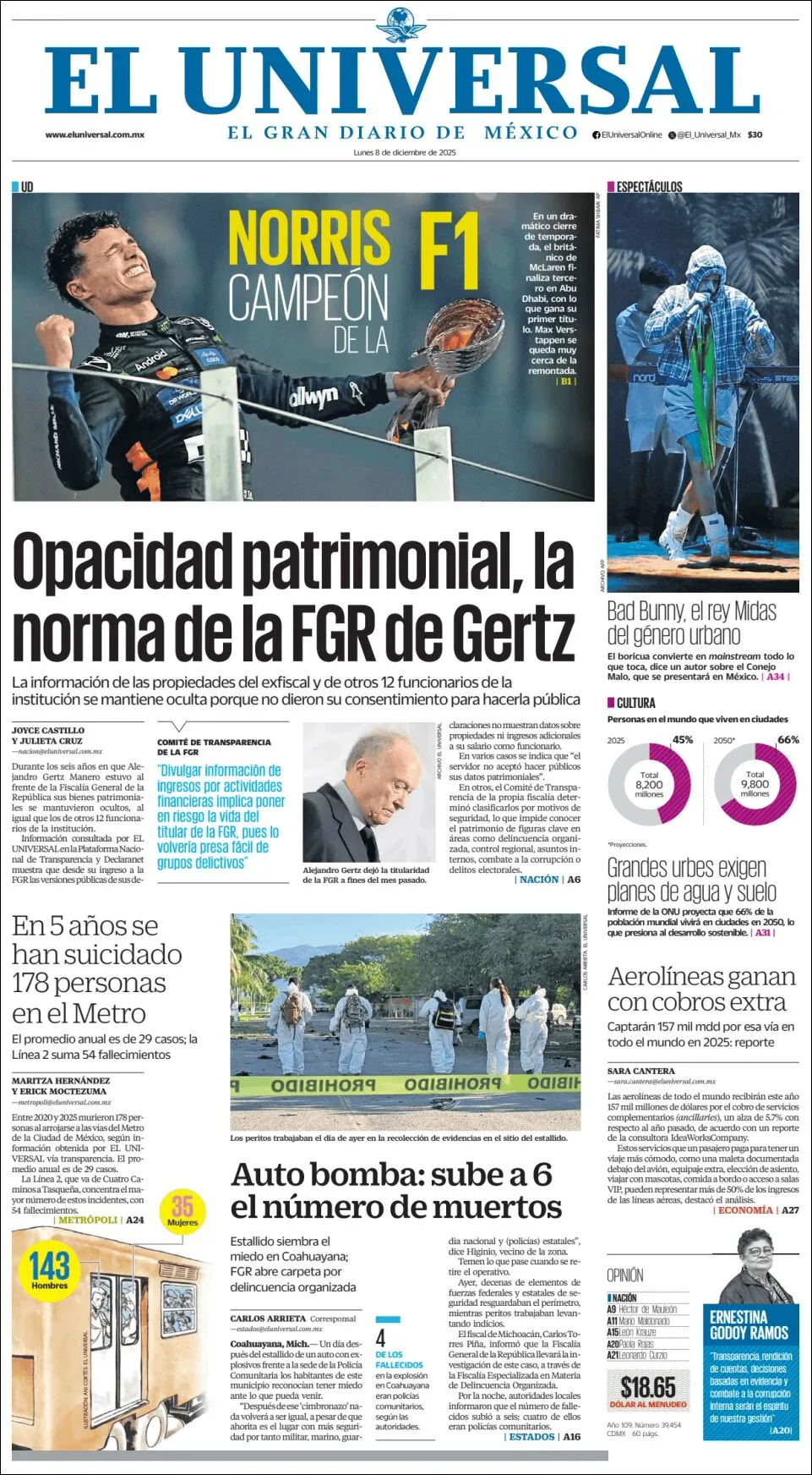 Portada de El Universal del lunes, 8 de diciembre de 2025